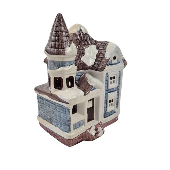 Lidco Ceramic Chirstmas House Glossy Blue Brown Snow Capped Lighted Vintage - Picture 3 of 10
